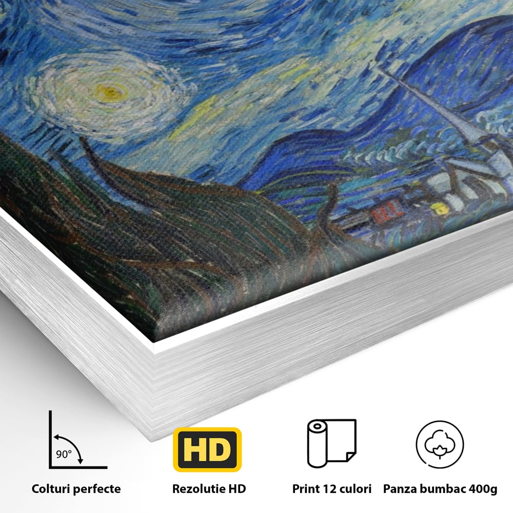 Detaliu al suprafetei: reproducere pictura noapte instelata van gogh, in rama de aluminiu argintiu