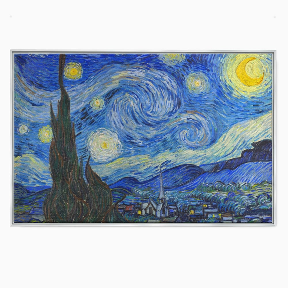 Tablou canvas cu reproducere pictura noapte instelata van gogh, in rama de aluminiu argintiu