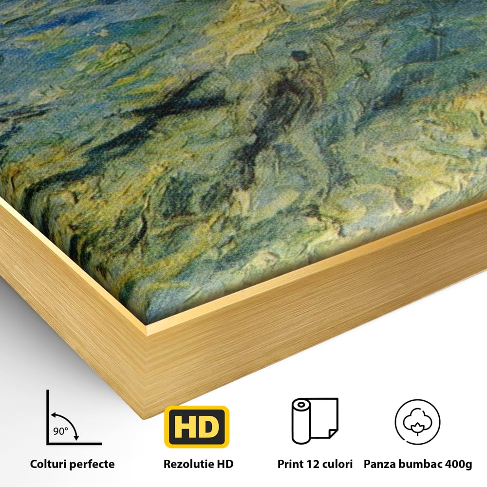 Detaliu al suprafetei: reproducere pictura marina cu barci van gogh, in rama de aluminiu auriu