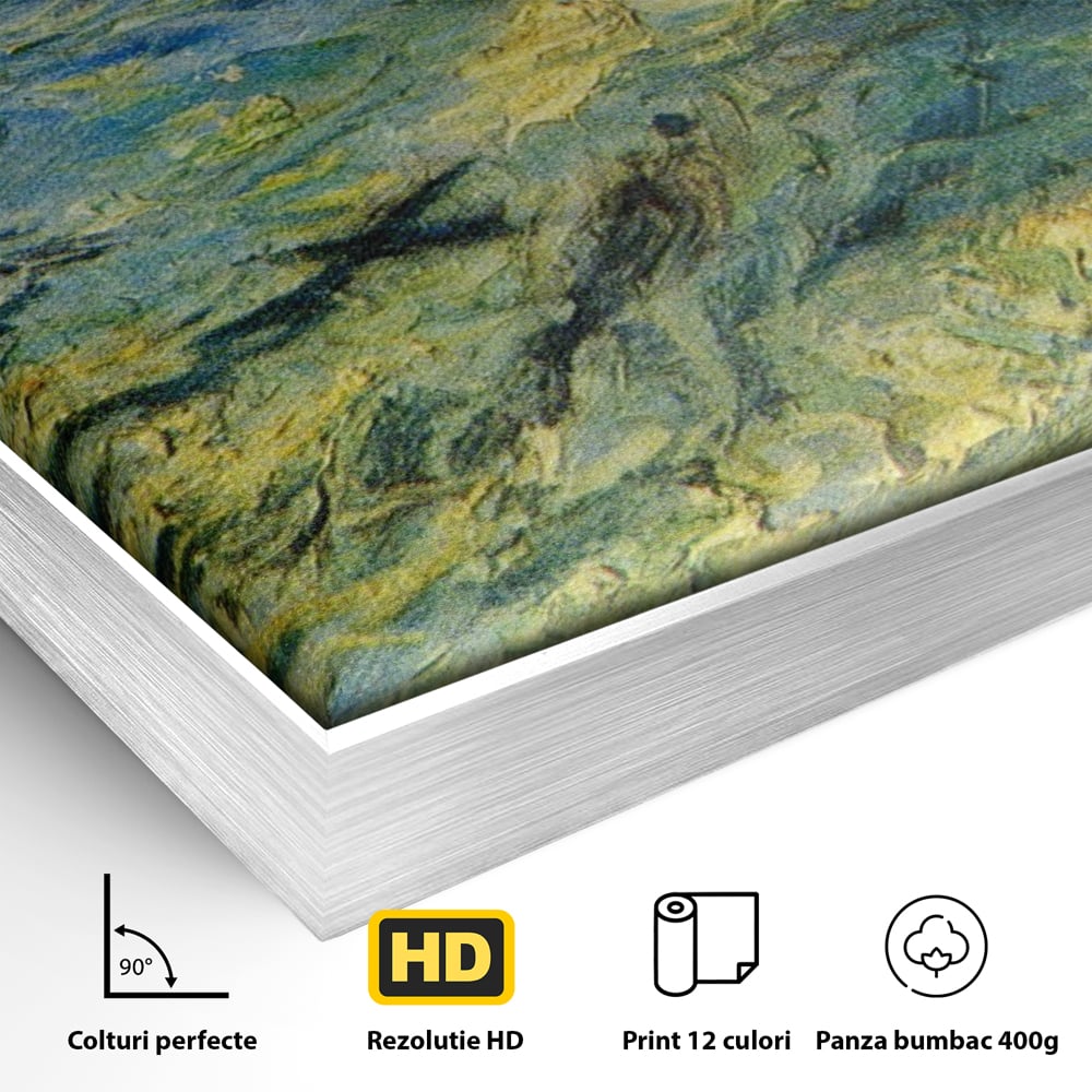 Detaliu al suprafetei: reproducere pictura marina cu barci van gogh, in rama de aluminiu argintiu