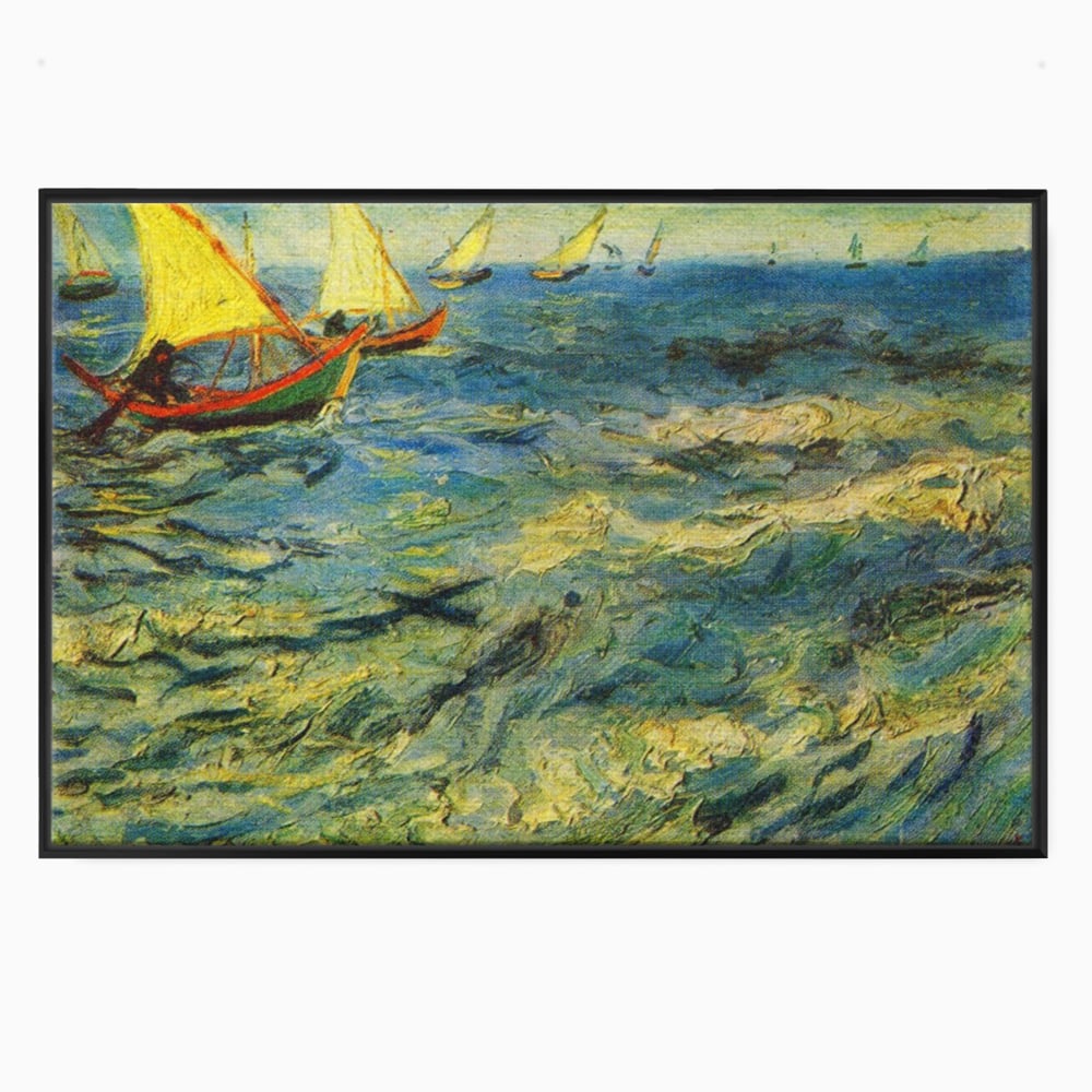 Tablou canvas cu reproducere pictura marina cu barci van gogh, in rama de aluminiu negru
