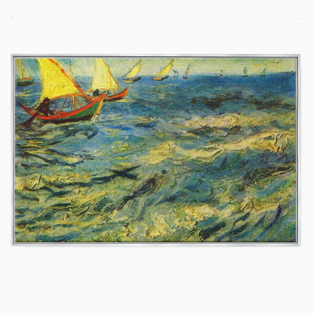 Tablou canvas cu reproducere pictura marina cu barci van gogh, in rama de aluminiu argintiu