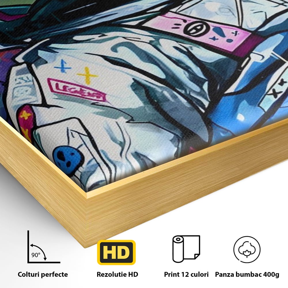 Detaliu al suprafetei: tablou canvas cu astronaut graffiti, in rama de aluminiu auriu
