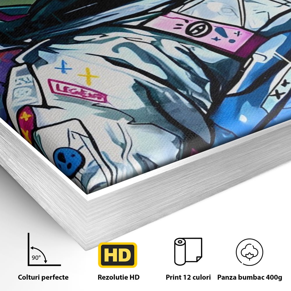 Detaliu al suprafetei: tablou canvas cu astronaut graffiti, in rama de aluminiu argintiu
