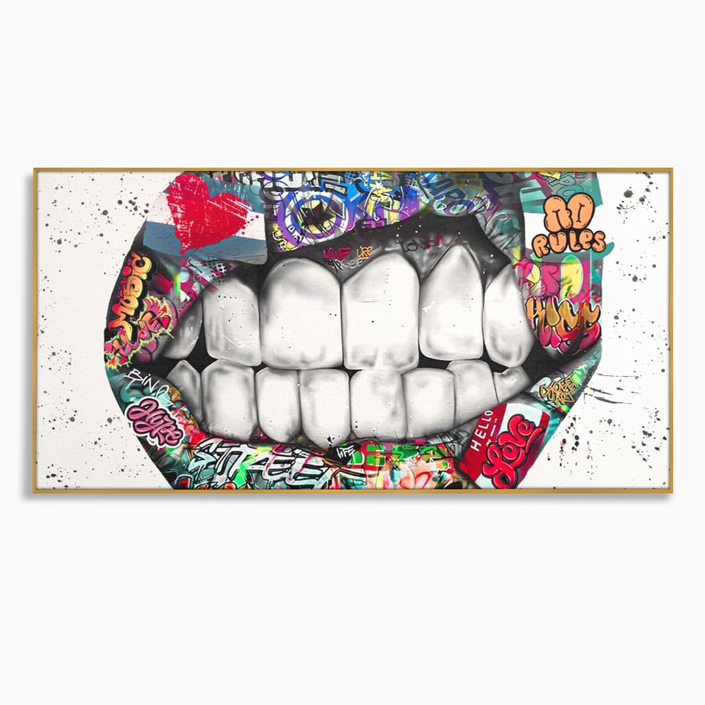 Tablou canvas cu tablou canvas cu buze graffiti, in rama de aluminiu auriu