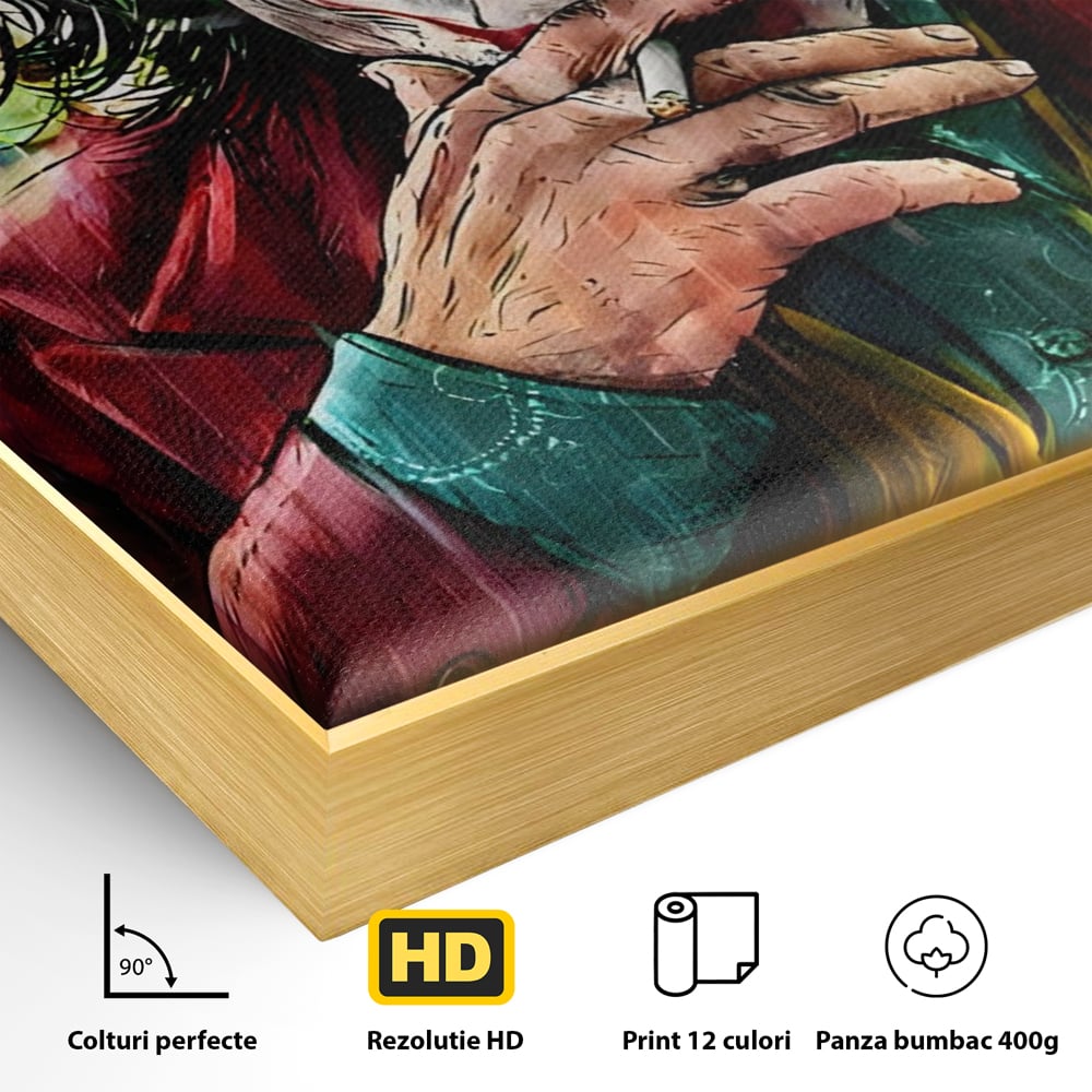 Detaliu al suprafetei: tablou canvas cu jokerul fumand in ploaie, in rama de aluminiu auriu
