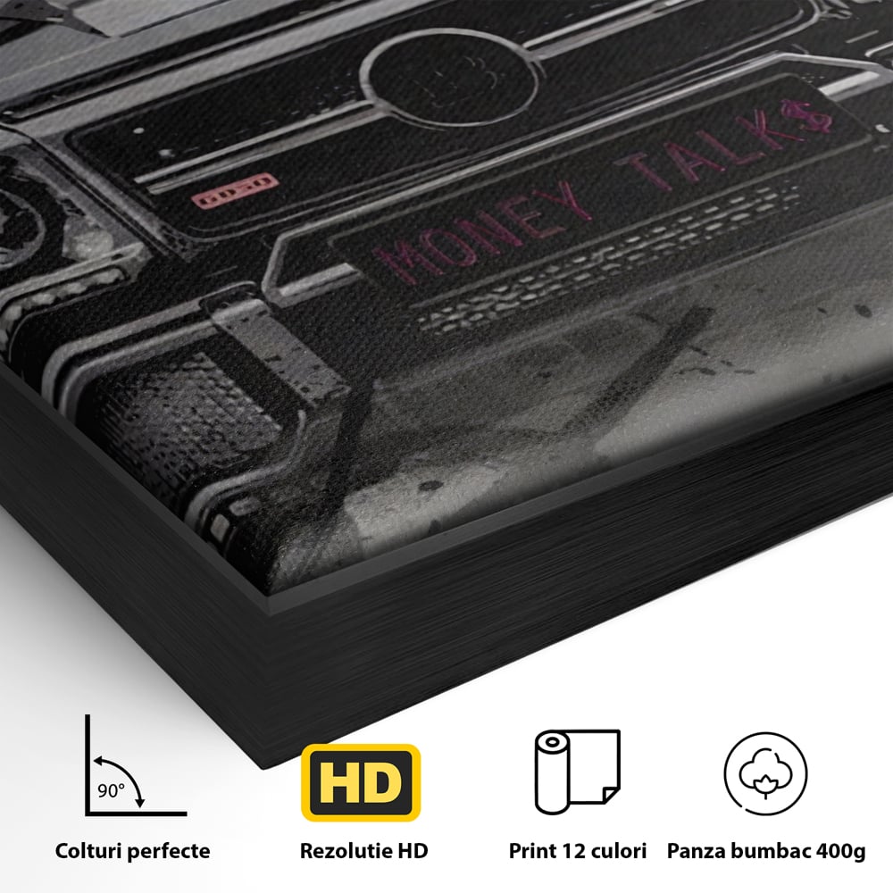Detaliu al suprafetei: tablou canvas cu masina mercedes neagra, in rama de aluminiu negru