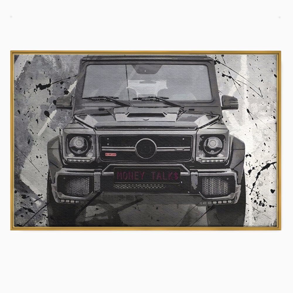 Tablou canvas cu tablou canvas cu masina mercedes neagra, in rama de aluminiu auriu