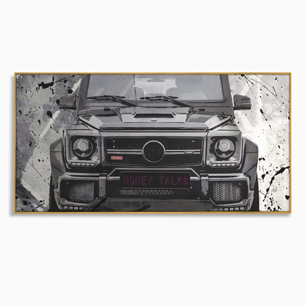 Tablou canvas cu tablou canvas cu masina mercedes neagra, in rama de aluminiu auriu