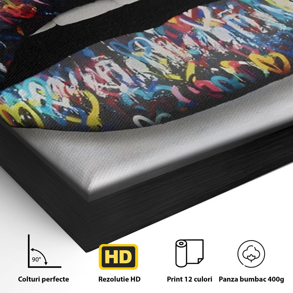 Detaliu al suprafetei: tablou canvas cu buze negre, in rama de aluminiu negru