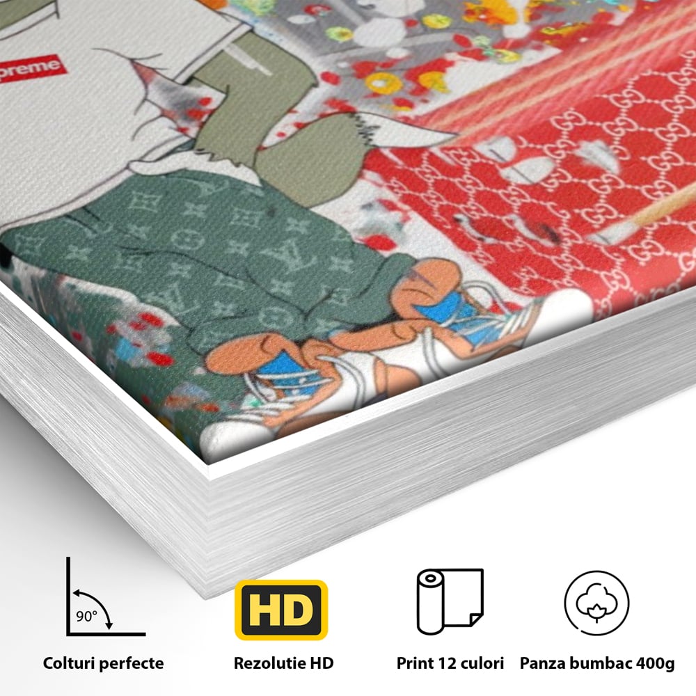 Detaliu al suprafetei: tablou canvas cu tom si jerry, in rama de aluminiu argintiu