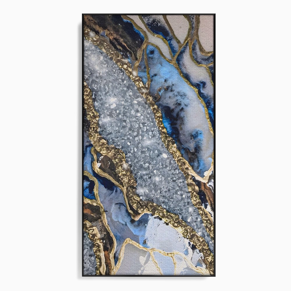 Tablou canvas cu pictura abstracta cu textura de marmura si detalii aurii, in rama de aluminiu negru