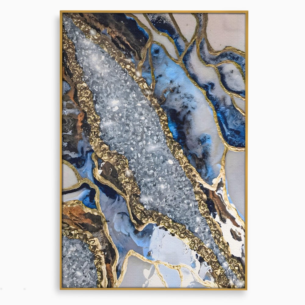 Tablou canvas cu pictura abstracta cu textura de marmura si detalii aurii, in rama de aluminiu auriu