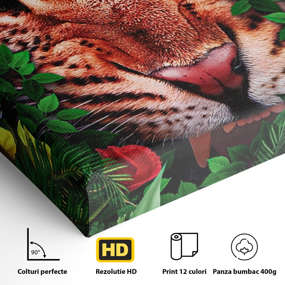 Detaliu al suprafetei: ilustratie digitala portret tigru in jungla, fara rama, pe sasiu de lemn