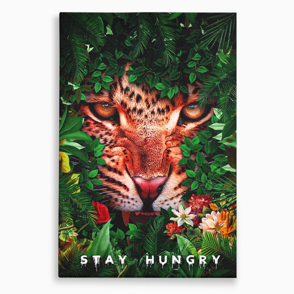 Tablou canvas cu ilustratie digitala portret tigru in jungla, fara rama, pe sasiu de lemn