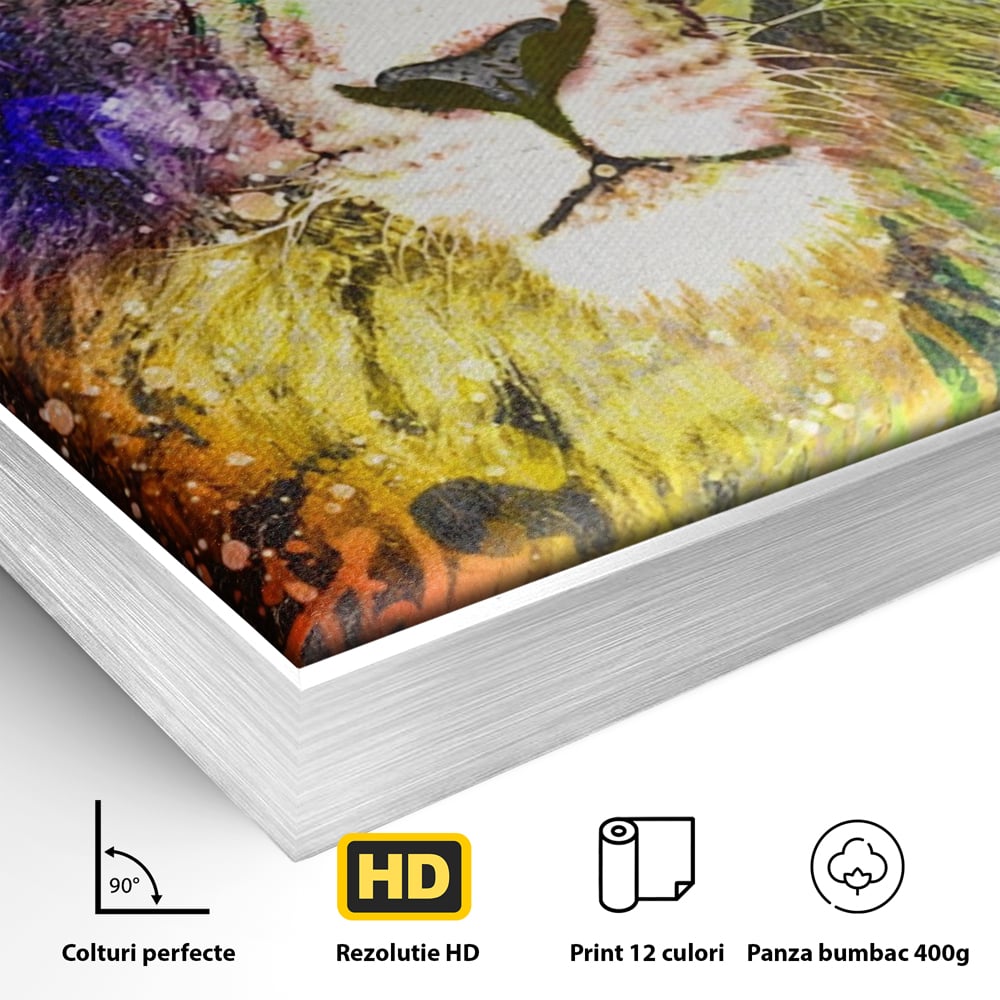 Detaliu al suprafetei: tablou canvas cu leu pictat, in rama de aluminiu argintiu