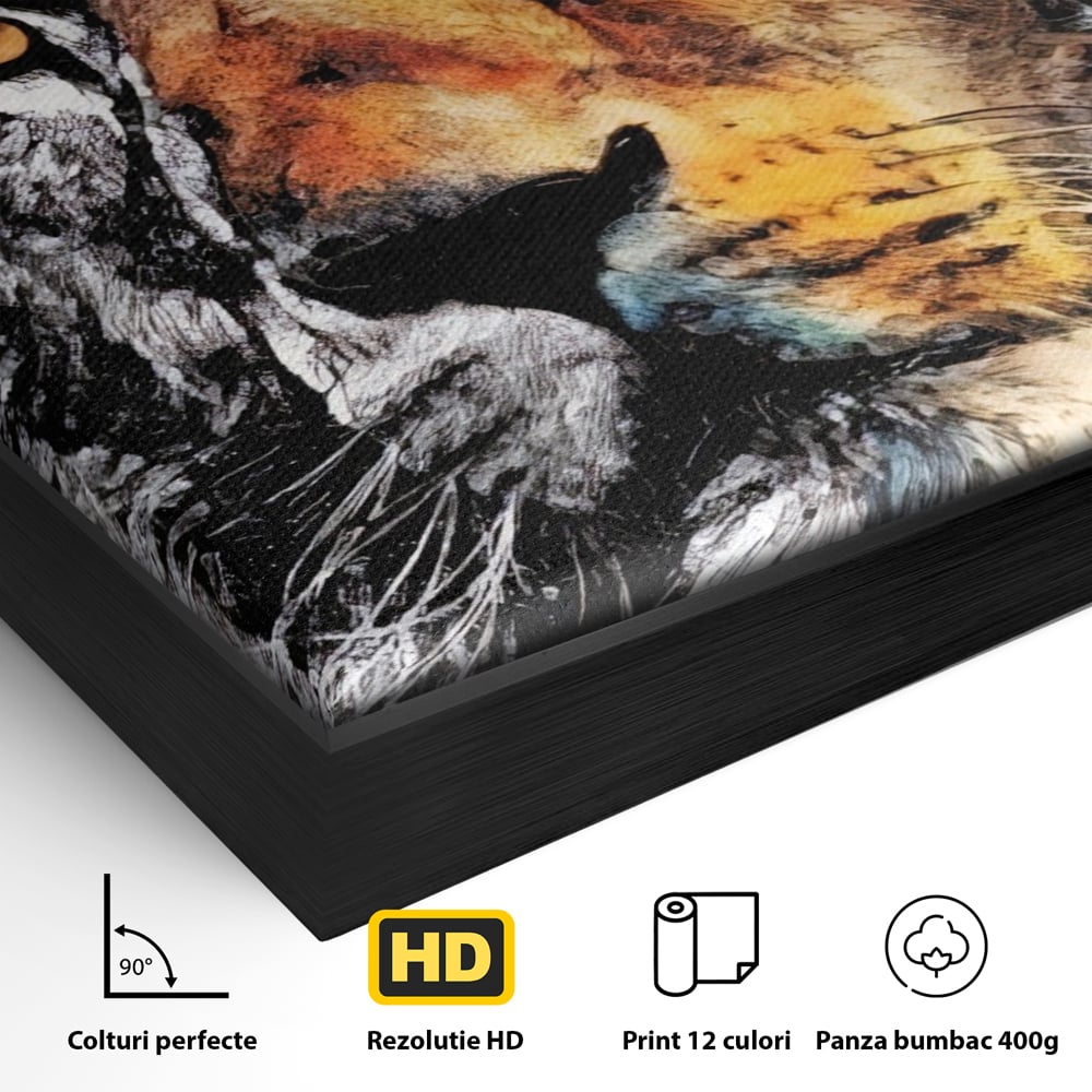 Detaliu al suprafetei: tablou canvas cu leu stilizat, in rama de aluminiu negru