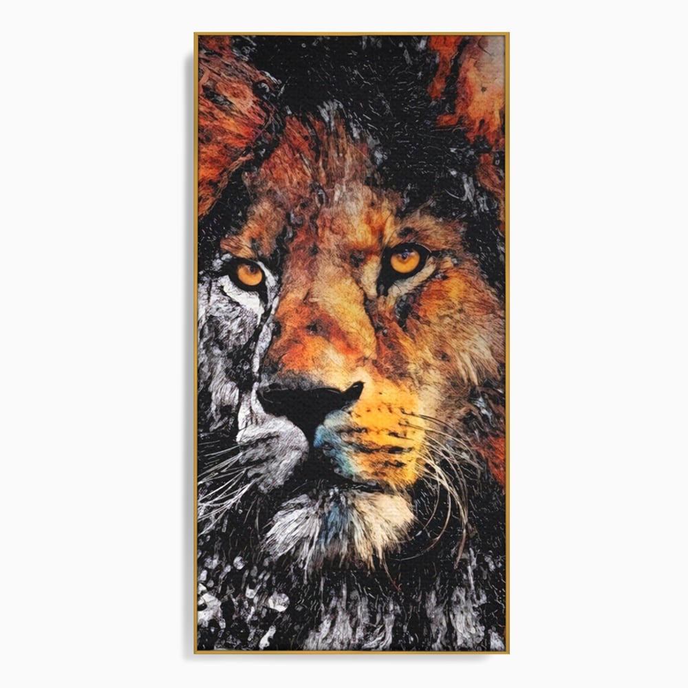 Tablou canvas cu tablou canvas cu leu stilizat, in rama de aluminiu auriu