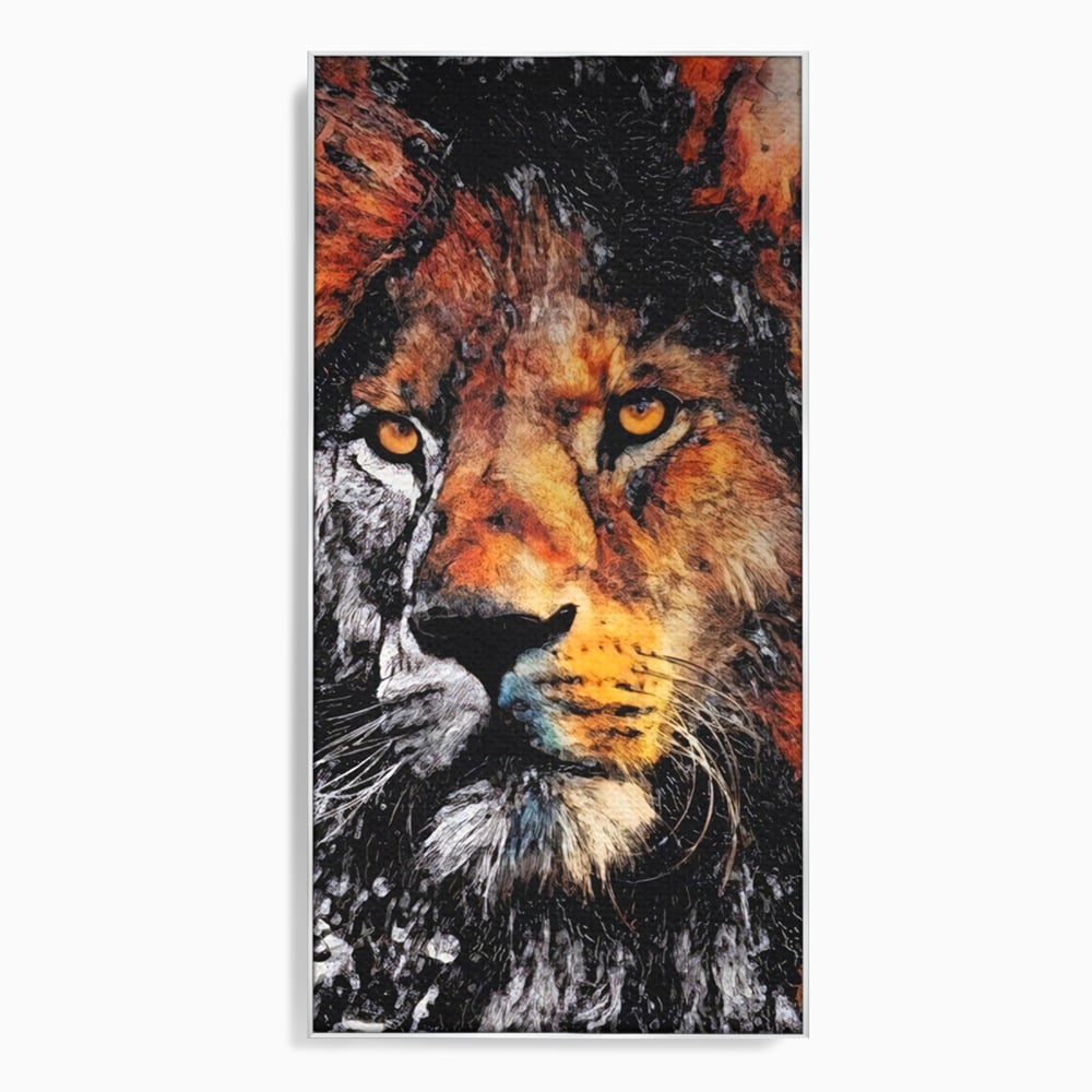 Tablou canvas cu tablou canvas cu leu stilizat, in rama de aluminiu argintiu