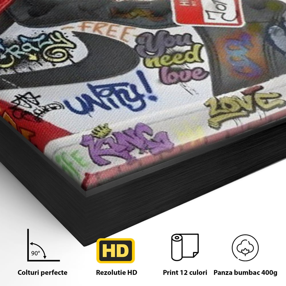 Detaliu al suprafetei: pictura adidasi air jordan cu graffiti, in rama de aluminiu negru