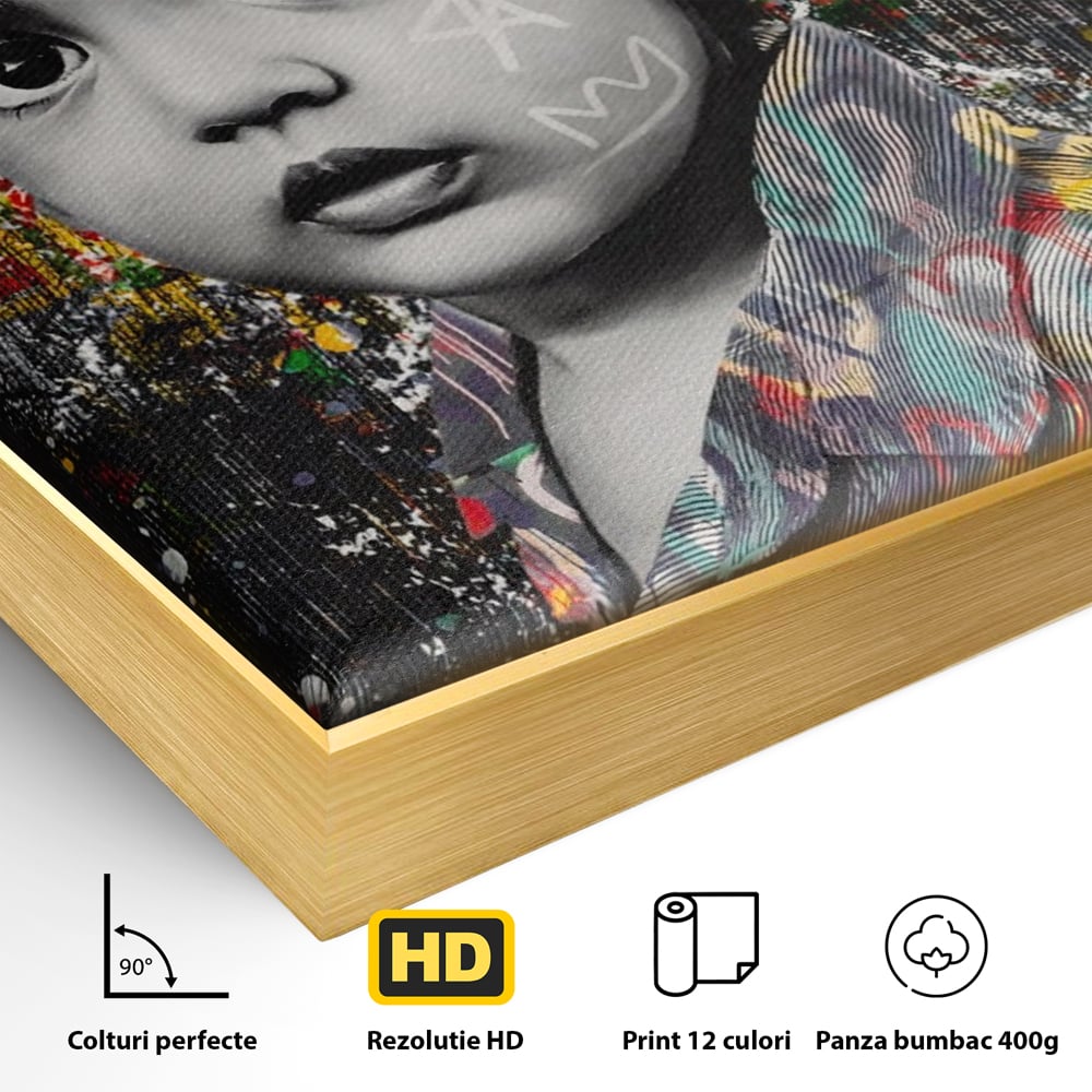 Detaliu al suprafetei: tablou canvas cu portretul unui copil si graffiti, in rama de aluminiu auriu