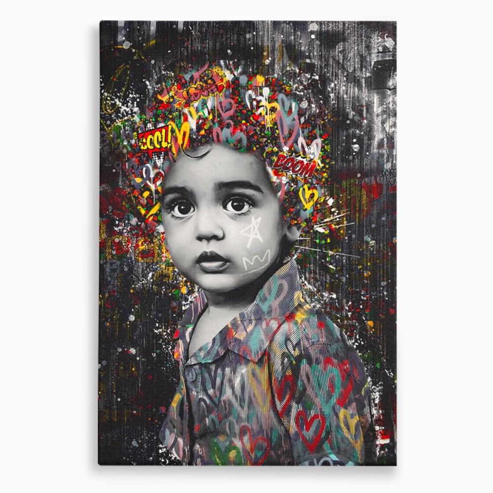 Tablou canvas cu tablou canvas cu portretul unui copil si graffiti, fara rama, pe sasiu de lemn