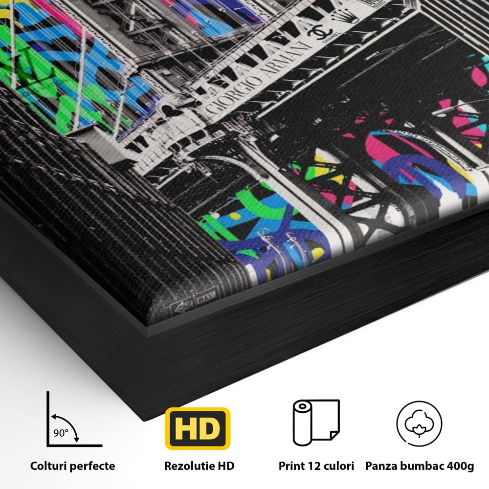 Detaliu al suprafetei: tablou canvas cu pod si graffiti, in rama de aluminiu negru