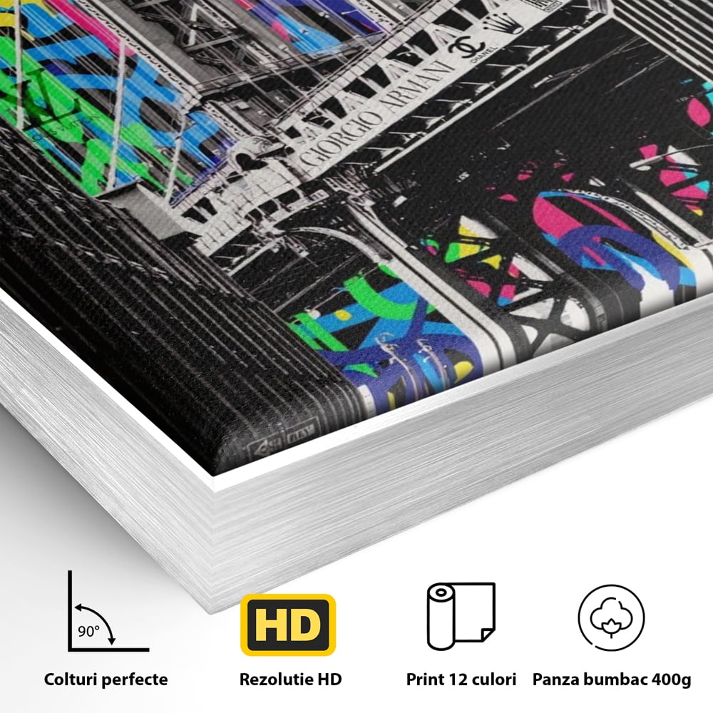 Detaliu al suprafetei: tablou canvas cu pod si graffiti, in rama de aluminiu argintiu