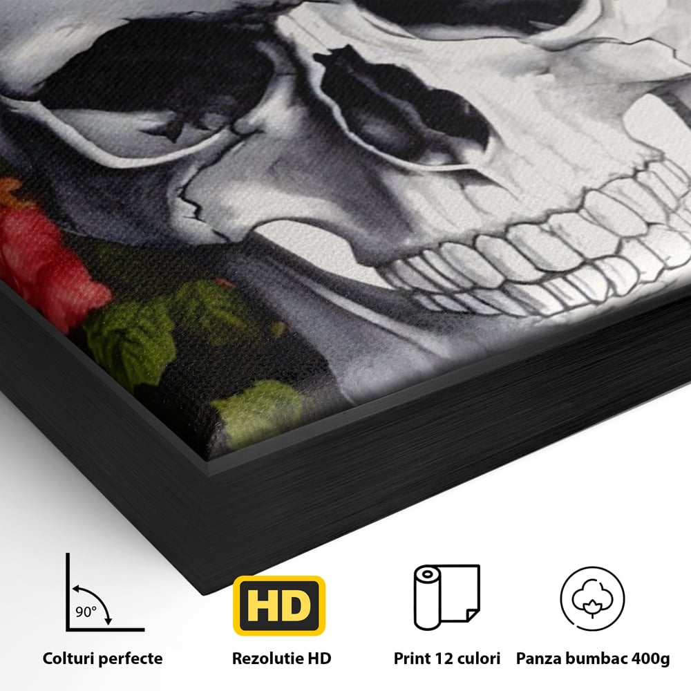 Detaliu al suprafetei: tablou canvas cu craniu si trandafiri, in rama de aluminiu negru