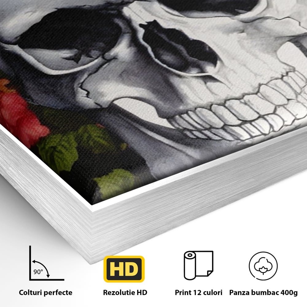 Detaliu al suprafetei: tablou canvas cu craniu si trandafiri, in rama de aluminiu argintiu
