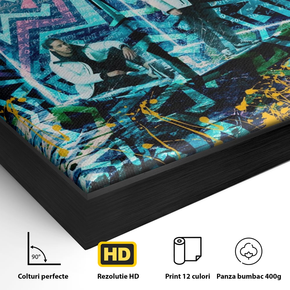 Detaliu al suprafetei: tablou canvas cu rapperi si graffiti, in rama de aluminiu negru