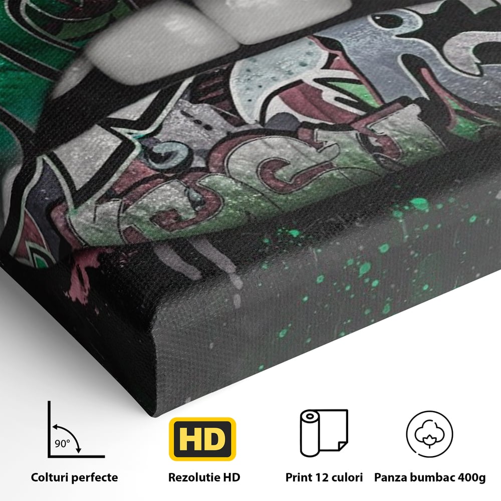 Detaliu al suprafetei: tablou canvas cu buze si graffiti verde, fara rama, pe sasiu de lemn