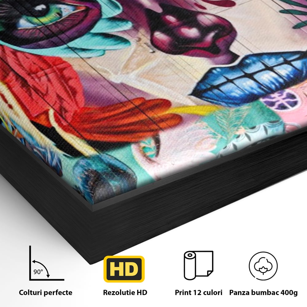 Detaliu al suprafetei: tablou canvas cu colaj grafitti urban, in rama de aluminiu negru