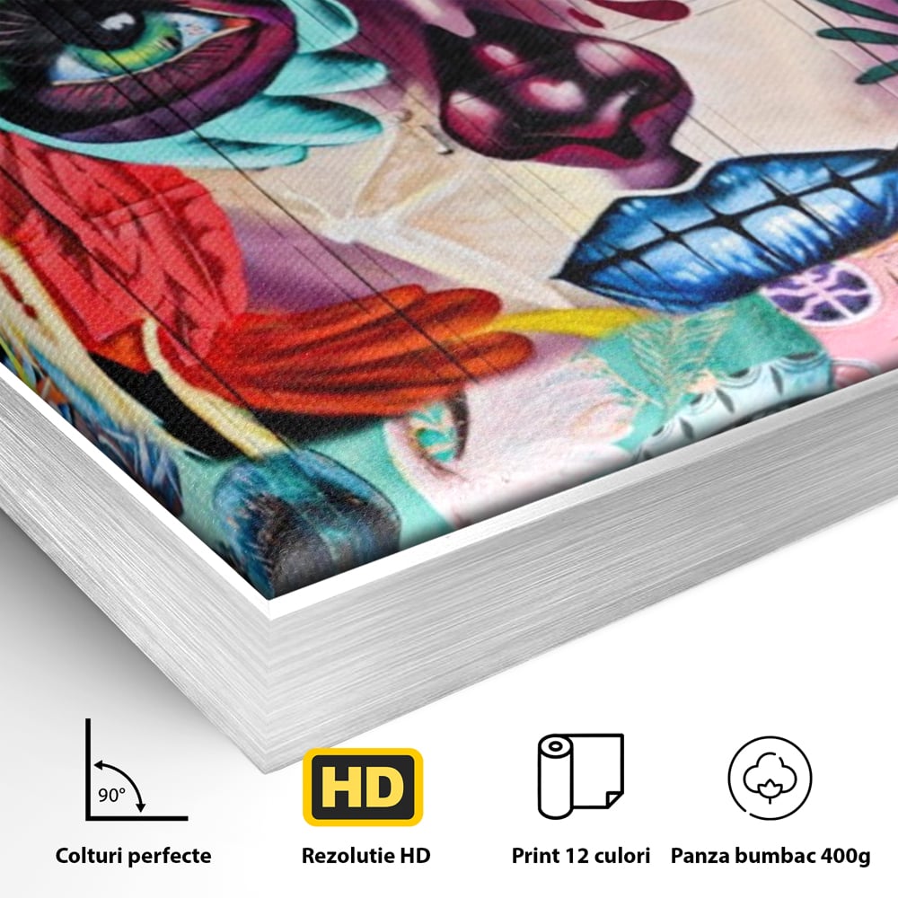 Detaliu al suprafetei: tablou canvas cu colaj grafitti urban, in rama de aluminiu argintiu