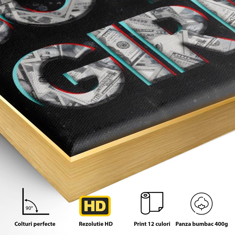 Detaliu al suprafetei: tablou canvas motivant boss girl, in rama de aluminiu auriu