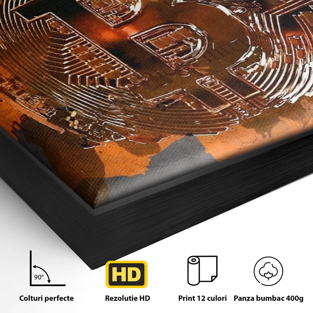 Detaliu al suprafetei: tablou canvas cu moneda bitcoin, in rama de aluminiu negru
