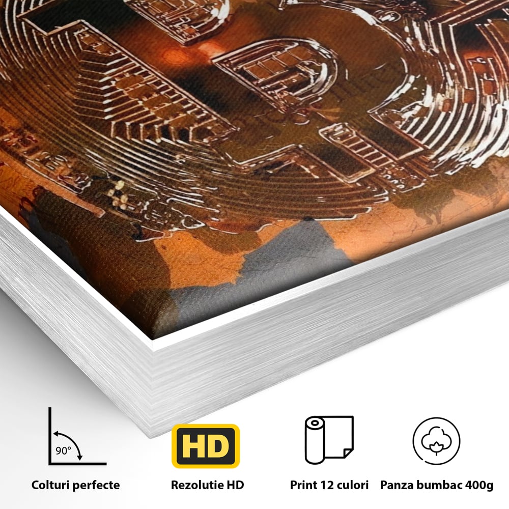 Detaliu al suprafetei: tablou canvas cu moneda bitcoin, in rama de aluminiu argintiu