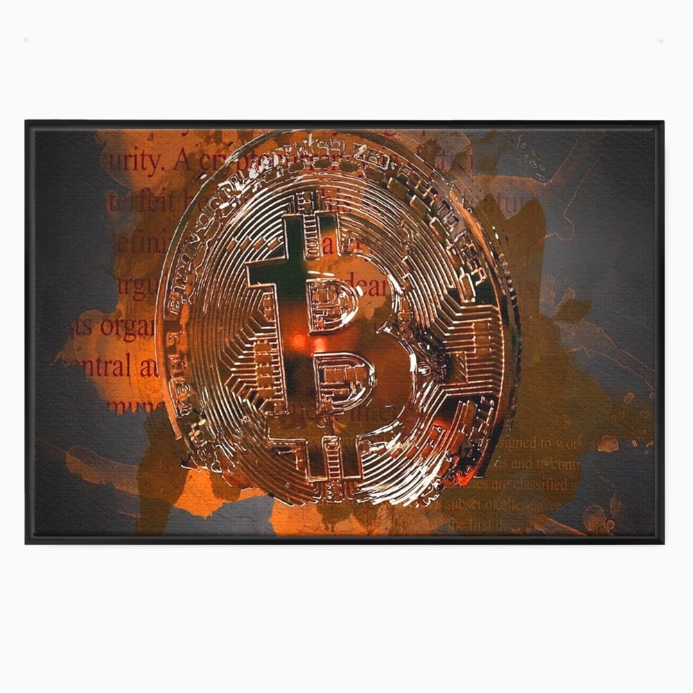 Tablou canvas cu tablou canvas cu moneda bitcoin, in rama de aluminiu negru