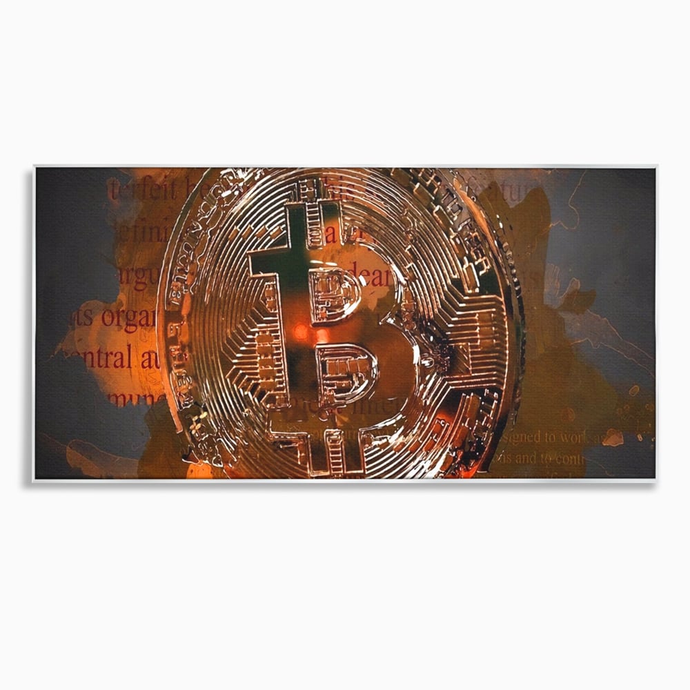 Tablou canvas cu tablou canvas cu moneda bitcoin, in rama de aluminiu argintiu
