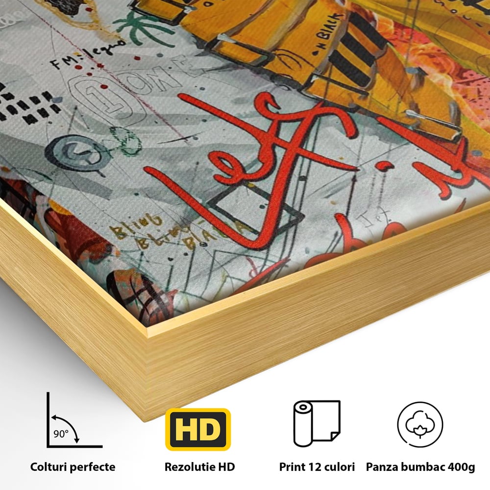 Detaliu al suprafetei: tablou canvas cu freddie mercury stil grafitti, in rama de aluminiu auriu