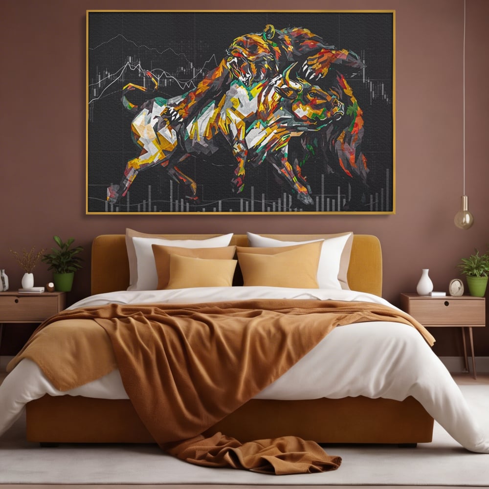 Tablou canvas cu tablou canvas cu taur si urs, in rama de aluminiu auriu, pe perete intr-un dormitor