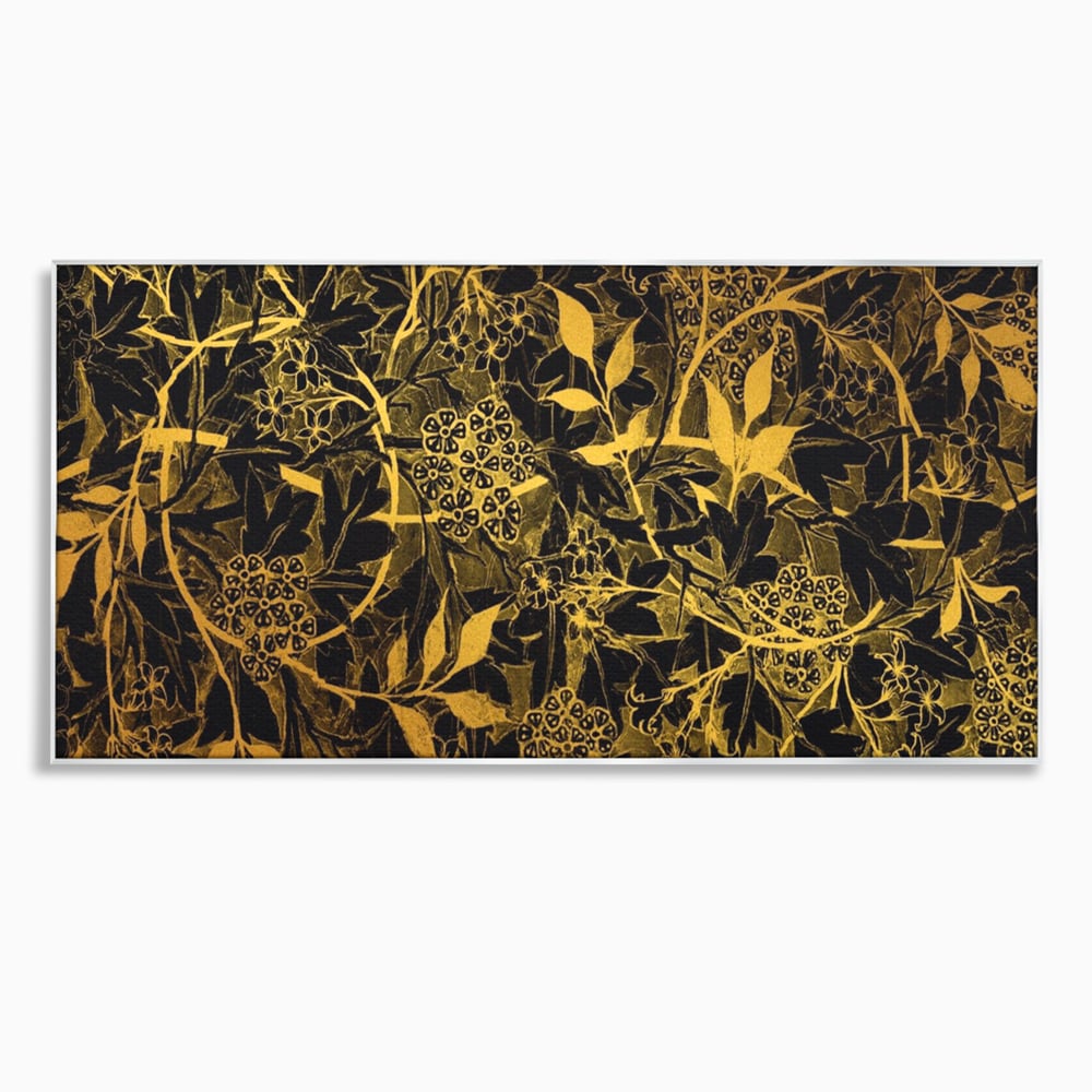 Tablou canvas cu model floral auriu pe fond negru, in rama de aluminiu argintiu