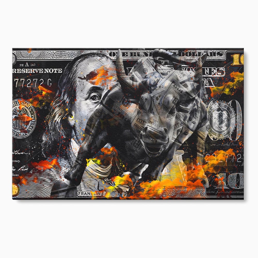 Tablou canvas cu tablou canvas cu taur si bancnote, fara rama, pe sasiu de lemn