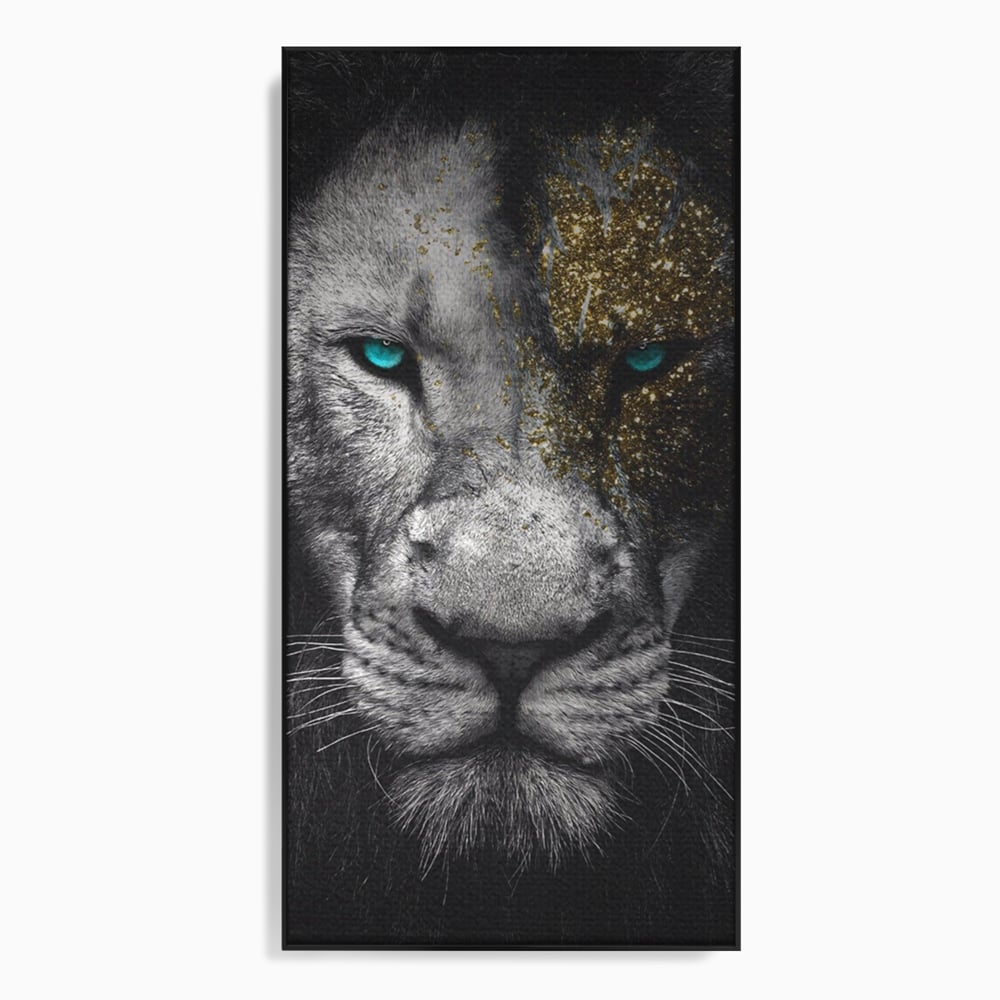 Tablou canvas cu tablou canvas cu leu si ochi albastri, in rama de aluminiu negru