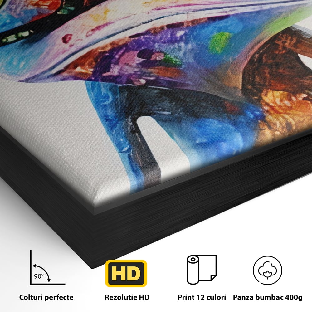 Detaliu al suprafetei: tablou canvas cu broasca in ochelari, in rama de aluminiu negru