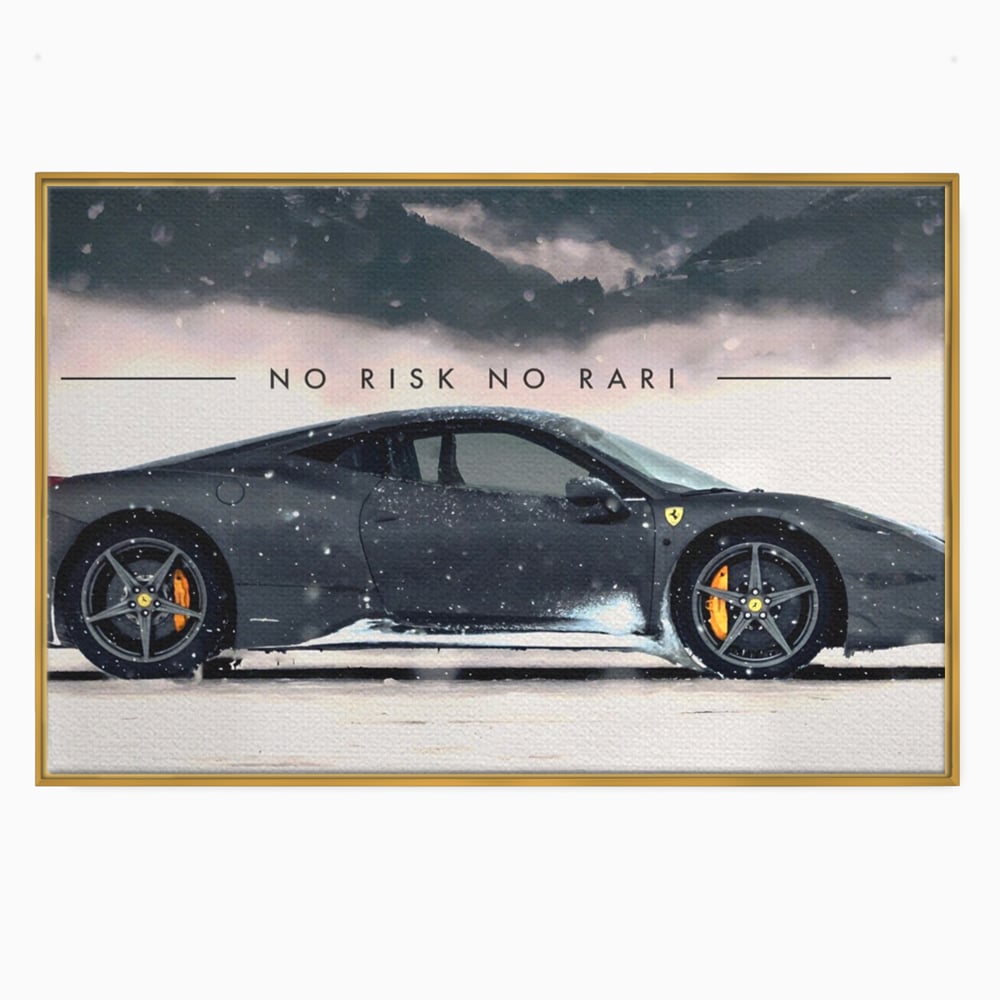 Tablou canvas cu tablou canvas cu masina ferrari pe zapada, in rama de aluminiu auriu