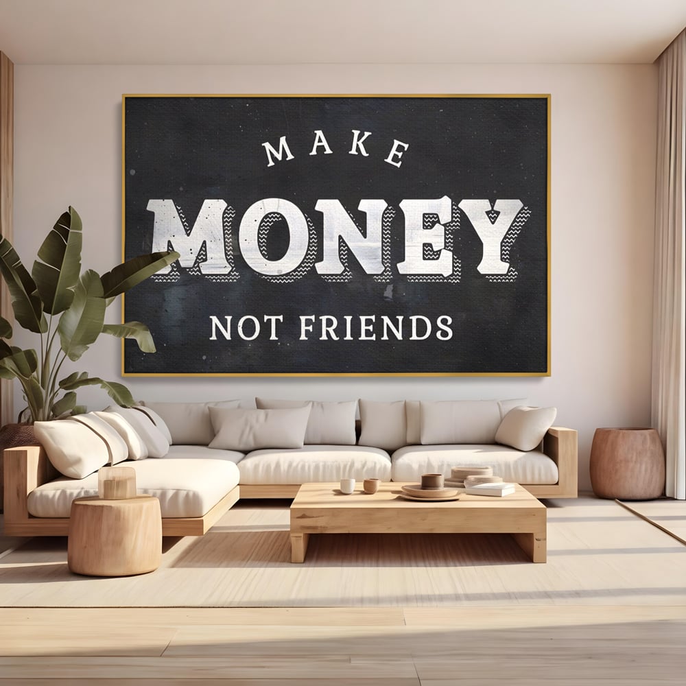 Tablou canvas cu tablou canvas cu mesaj motivational, in rama de aluminiu auriu, pe perete intr-un living