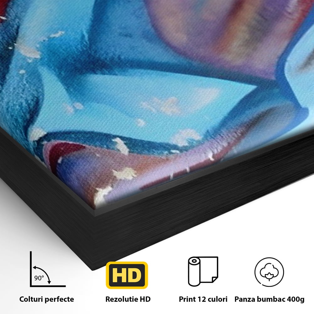 Detaliu al suprafetei: pictura abstracta cu graffiti multicolor, in rama de aluminiu negru
