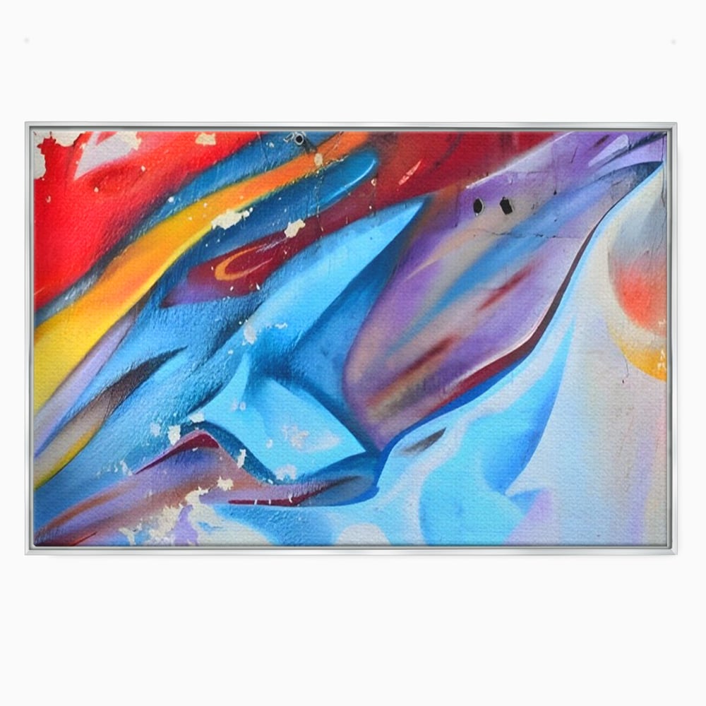 Tablou canvas cu pictura abstracta cu graffiti multicolor, in rama de aluminiu argintiu