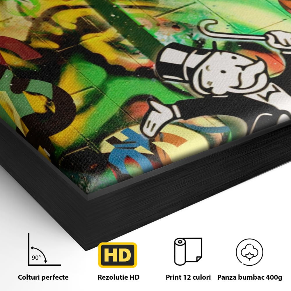 Detaliu al suprafetei: tablou canvas cu graffiti monopoly si palmier, in rama de aluminiu negru